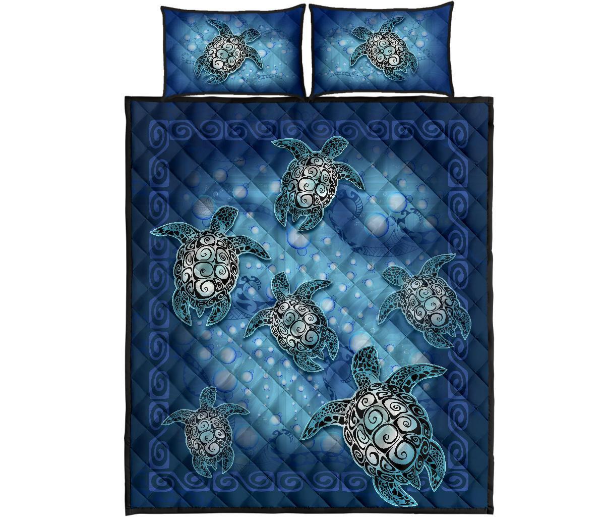 Turtle Quilt Bed Set - Light Sea Blue - Polynesian Pride