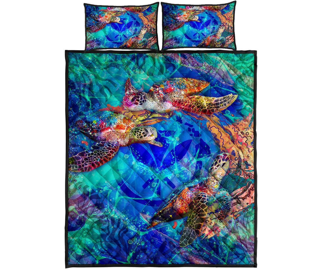 Hawaii Polynesian Quilt Bed Set - Kanaka Maoli Turtle Coral Treasure - Polynesian Pride