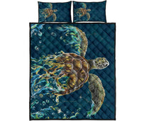 Hawaii Sea Turtle Water Color Travel Sea Quilt Bed Set Blue - Polynesian Pride