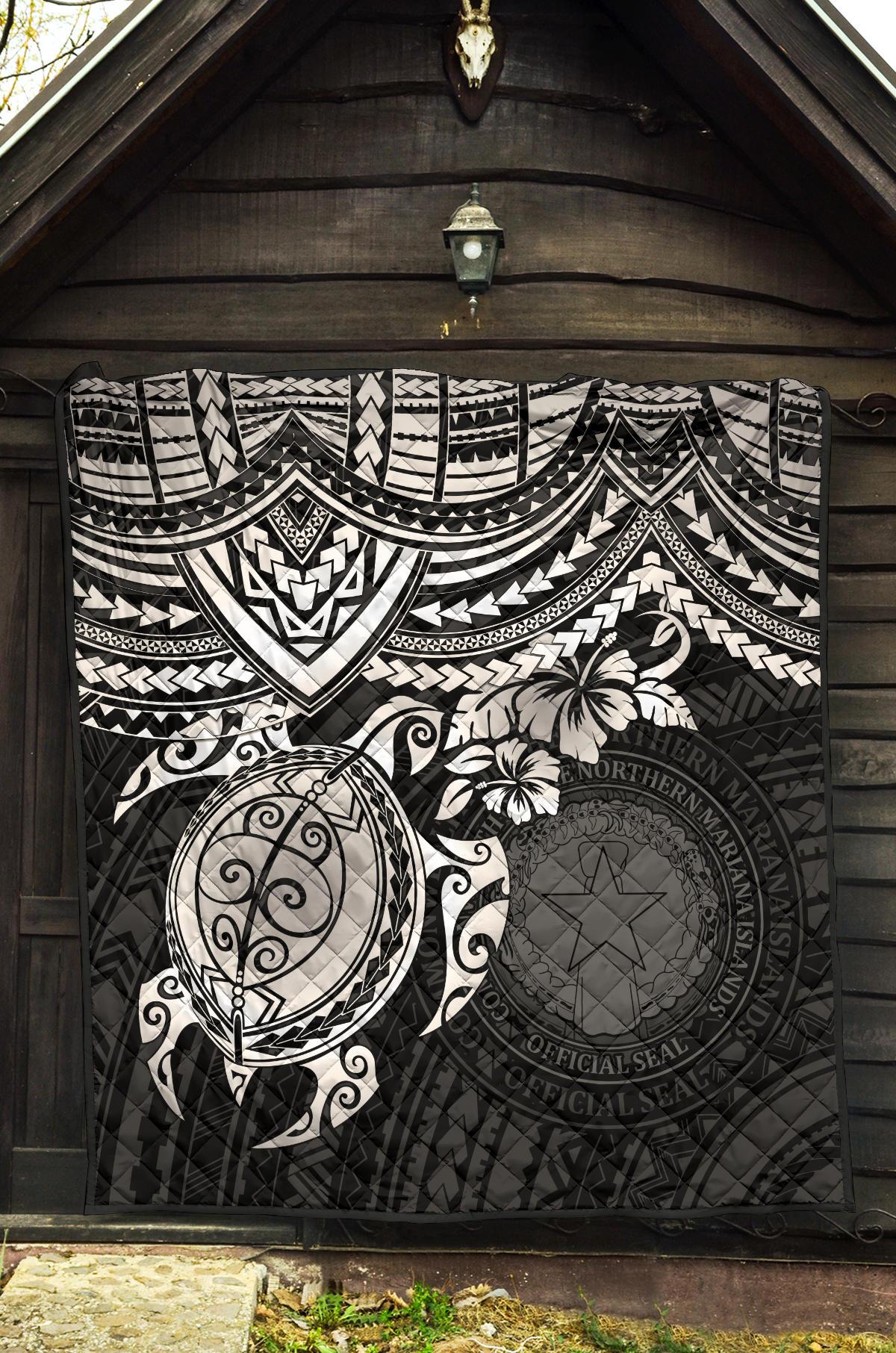 Northern Mariana Islands Polynesian Premium Quilt - Northern Mariana Islands Seal & White Turtle Hibiscus - Polynesian Pride