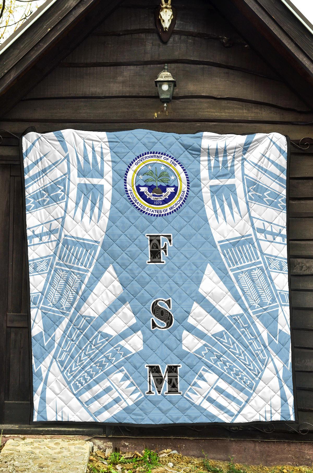 Federated States Of Micronesia Premium Quilt - Federated States Of Micronesia Seal Polynesian White Tattoo (Blue) - Polynesian Pride