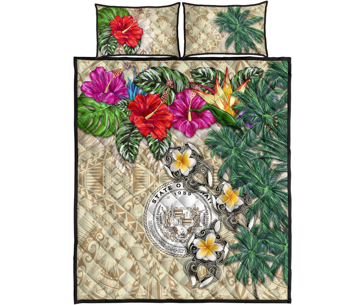 Hawaii Polynesian Quilt Bed Set - Hibiscus Turtle Tattoo Beige - Polynesian Pride