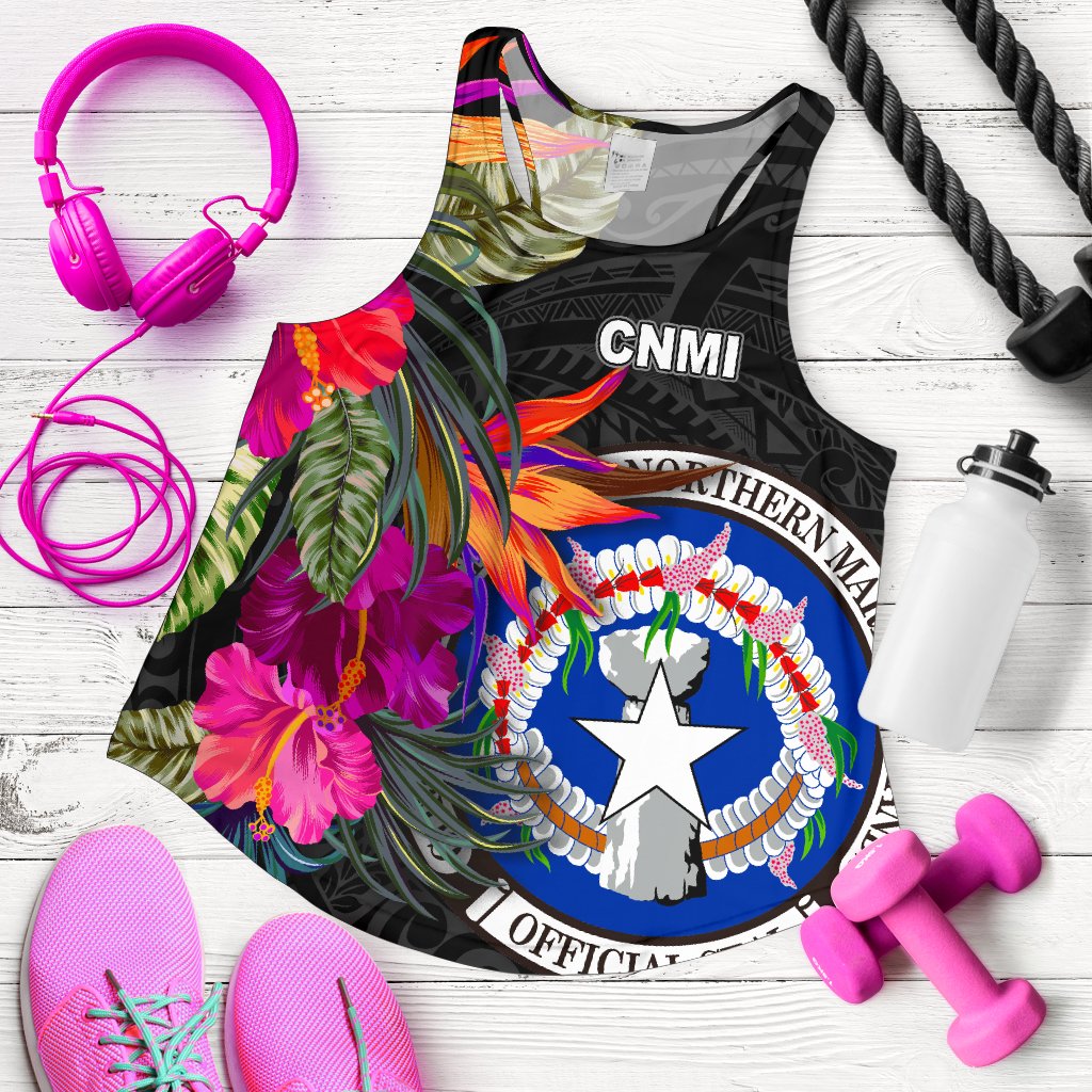 Northern Mariana Islands Women's Racerback Tank - Saipan Hibiscus Polynesian Pattern Black - Polynesian Pride