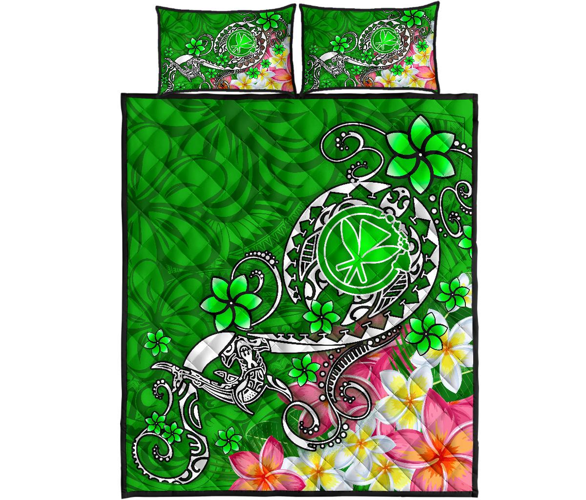Hawaii Quilt Bed Set - Turtle Plumeria Polynesian Tattoo Green Color - Polynesian Pride