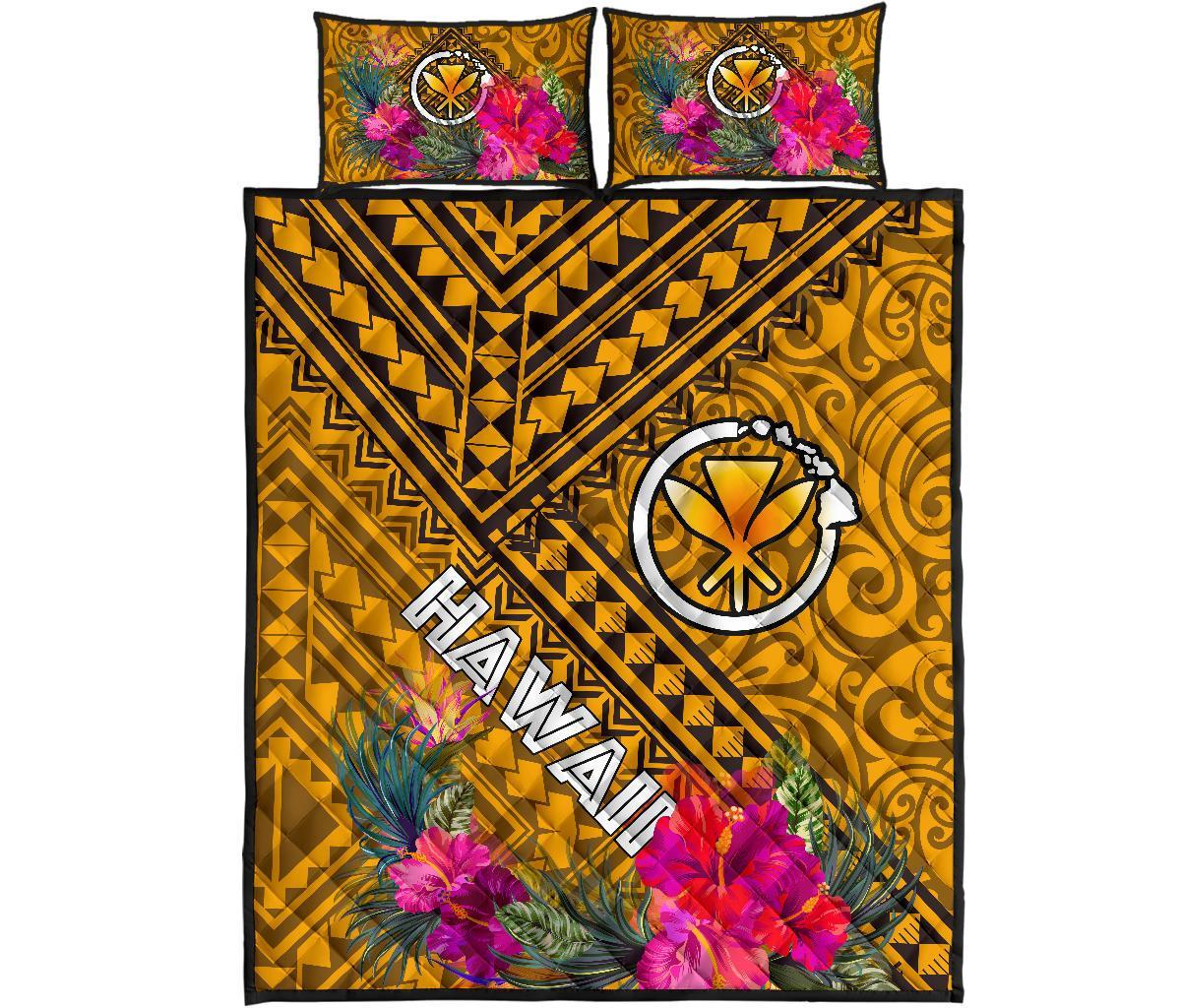 Hawaii Quilt Bed Set - Kanaka Maoli With Hibiscus On Polynesian Patterns (YELLOW) - Polynesian Pride