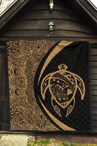 Hawaii Turtle Map Polynesian Premium Quilt - Gold - Circle Style - Polynesian Pride
