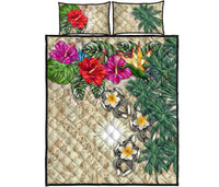 Marshall Islands Polynesian Quilt Bed Set - Hibiscus Turtle Tattoo Beige - Polynesian Pride