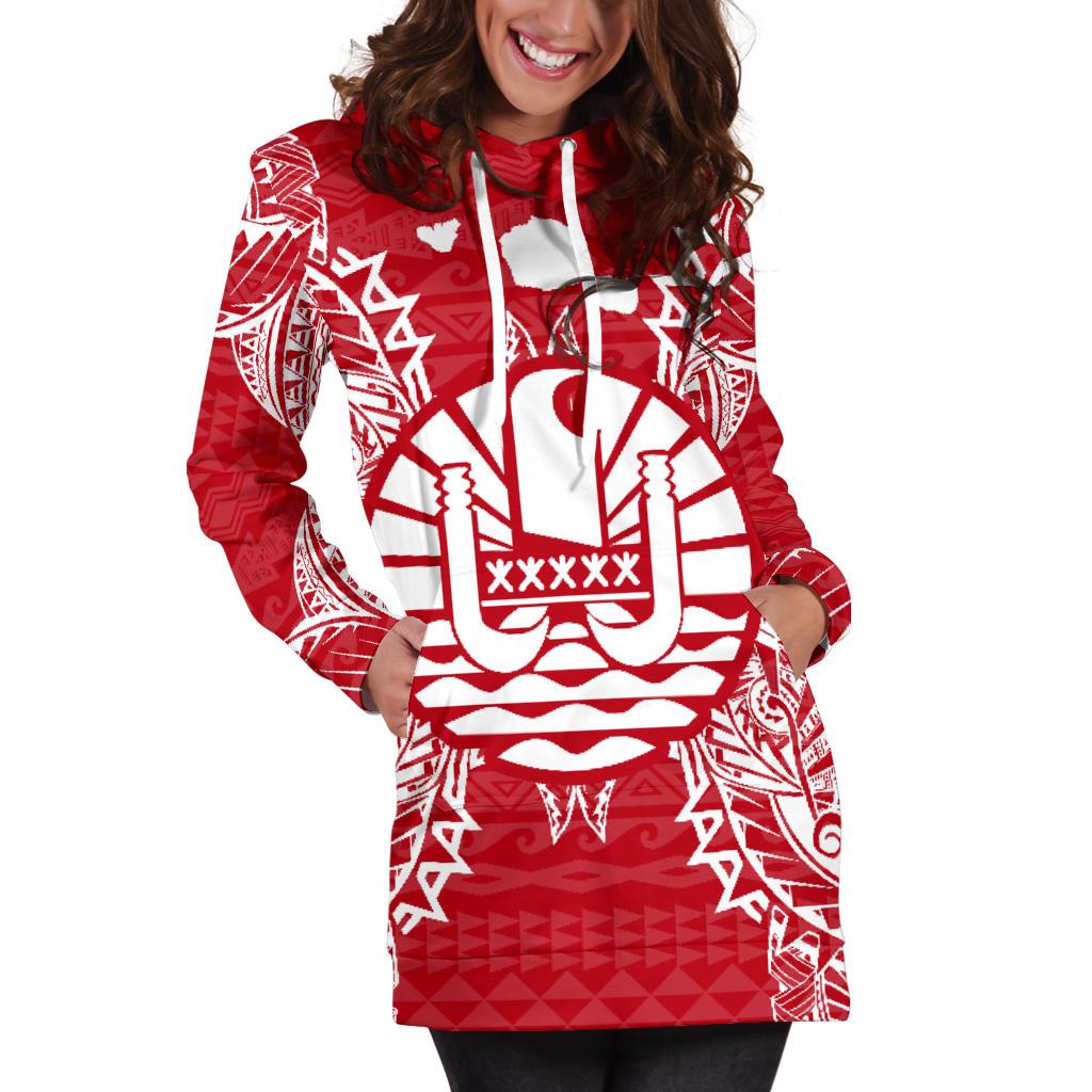 French Polynesia Polynesian Hoodie Dress Map Red White - Polynesian Pride