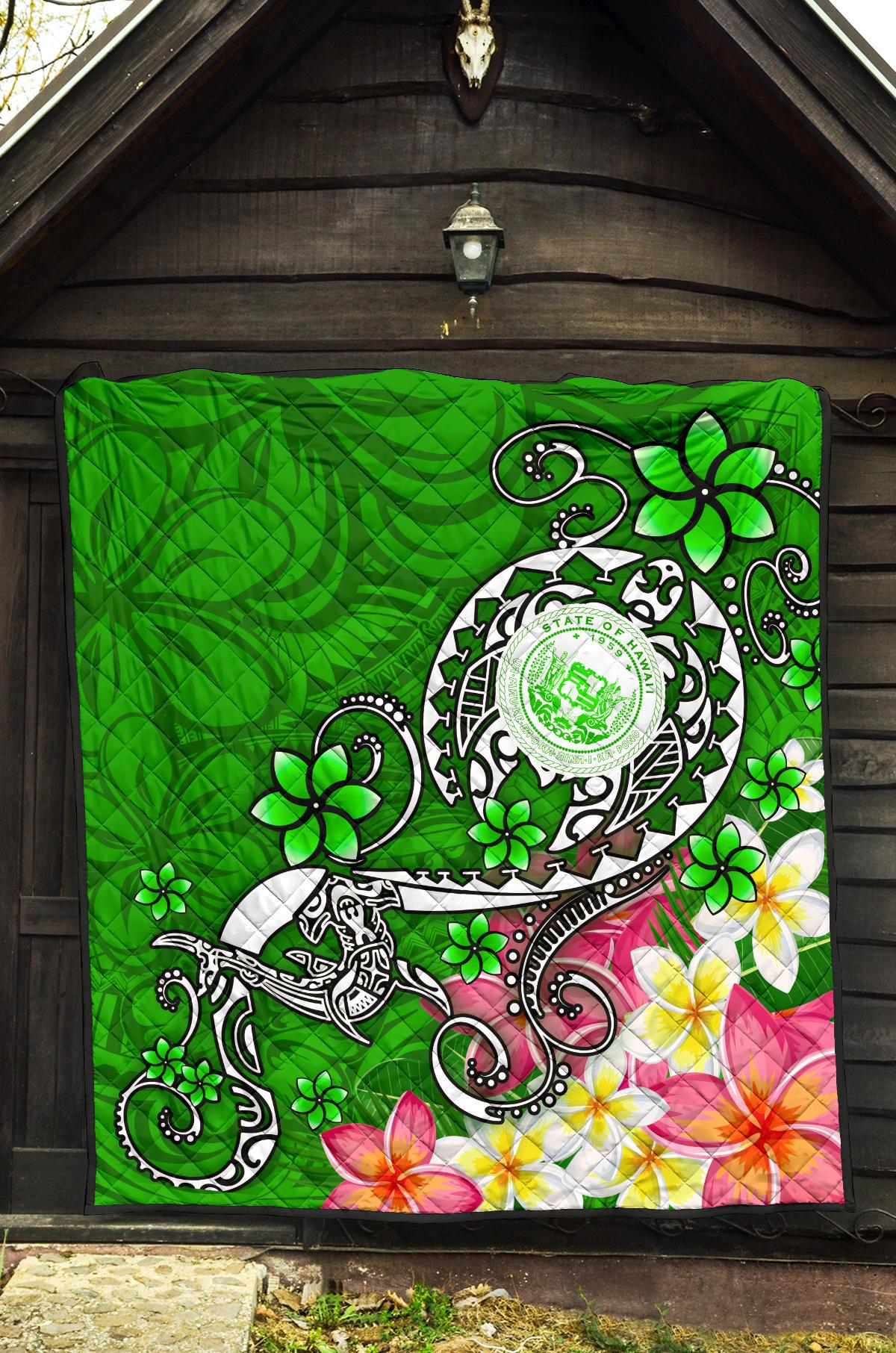 Hawaii Polynesian Premium Quilt - Hawaii Seal With Turtle Plumeria (Green) - Polynesian Pride