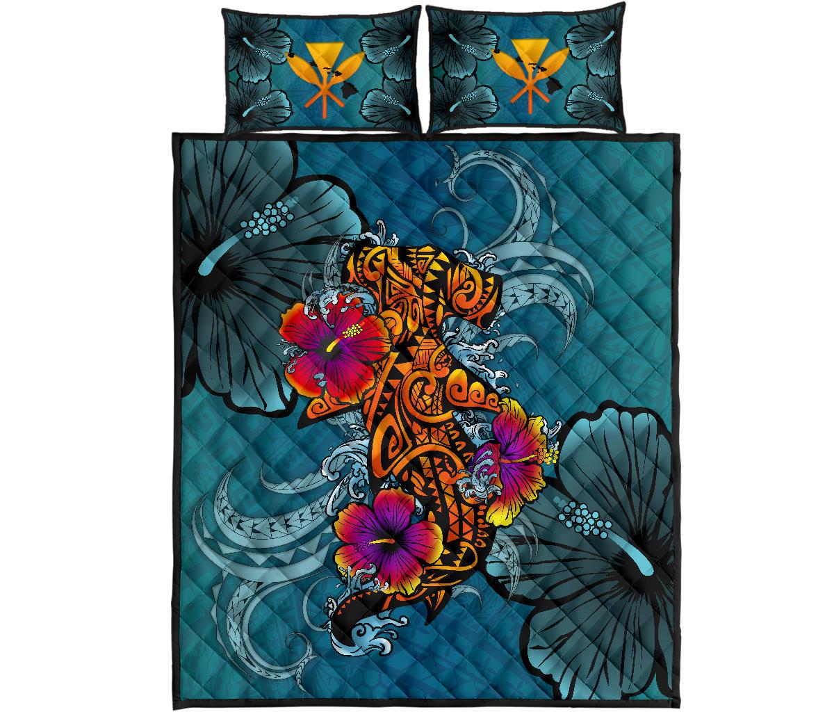 Kanaka Maoli (Hawaiian) Quilt Bed Set - Polynesian Hammerhead Shark Hibiscus Blue - Polynesian Pride