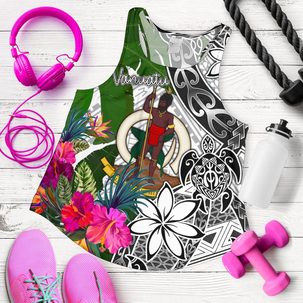 Vanuatu Women's Racerback Tank White - Turtle Plumeria Banana Leaf White - Polynesian Pride