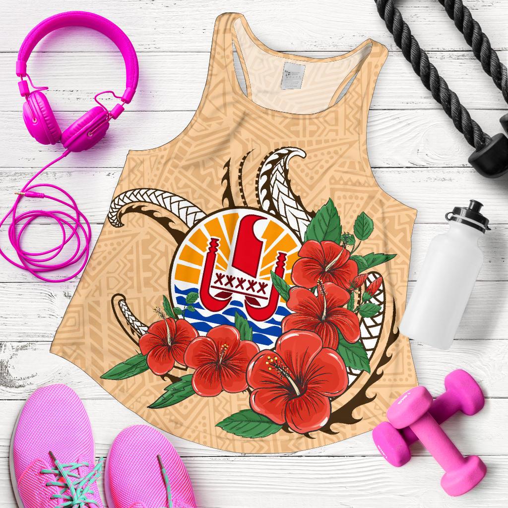 Tahiti Polynesian Women Racerback Tank - Hibiscus Coat of Arm Beige BEIGE - Polynesian Pride