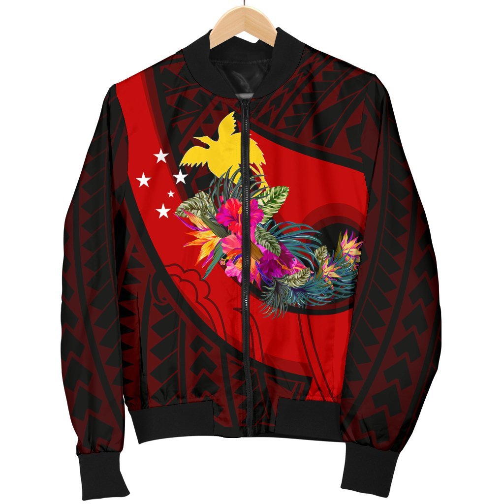 Papua New Guinea Men's Bomber Jacket - Polynesian Hook And Hibiscus (Red) - Polynesian Pride