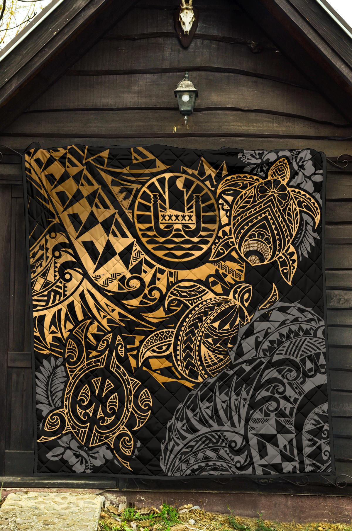 Tahiti Polynesian Premium Quilt - Gold Turtle HibiscusFlowing - Polynesian Pride