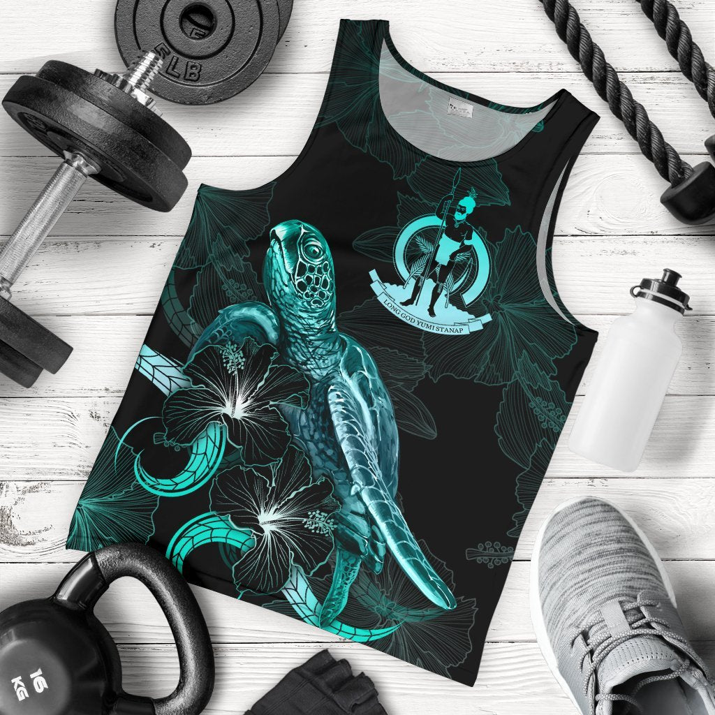 Vanuatu Polynesian Men Tank Top - Turtle With Blooming Hibiscus Tuquoise Turquoise - Polynesian Pride