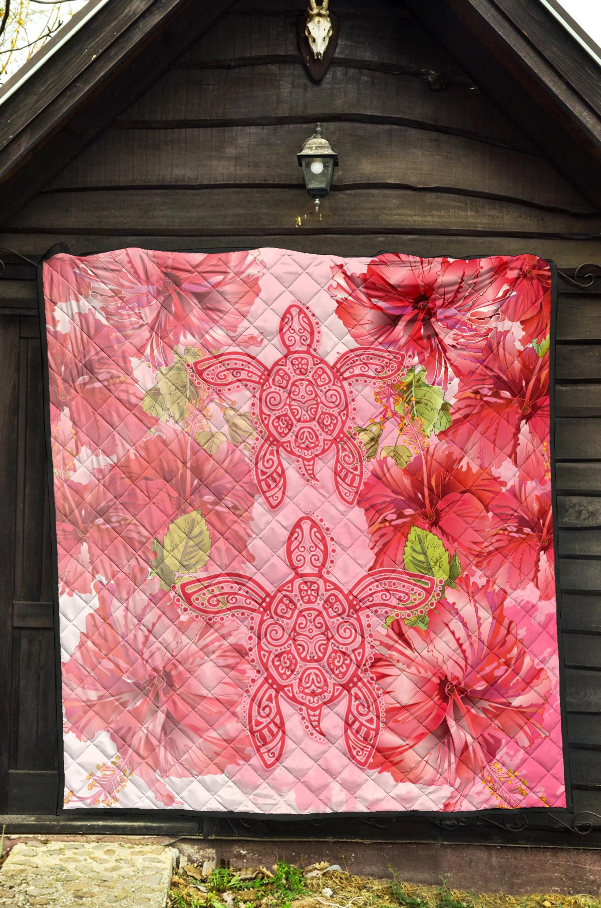 Hawaii Turtle Hibiscus Premium Quilt - Pink Style - Polynesian Pride