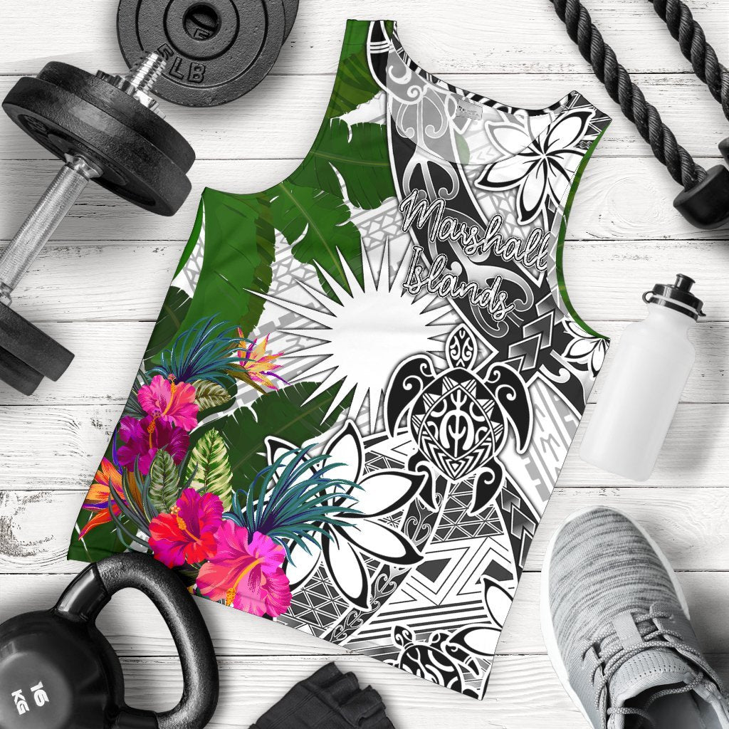 Marshall Islands Men's Tank Top White - Turtle Plumeria Banana Leaf White - Polynesian Pride