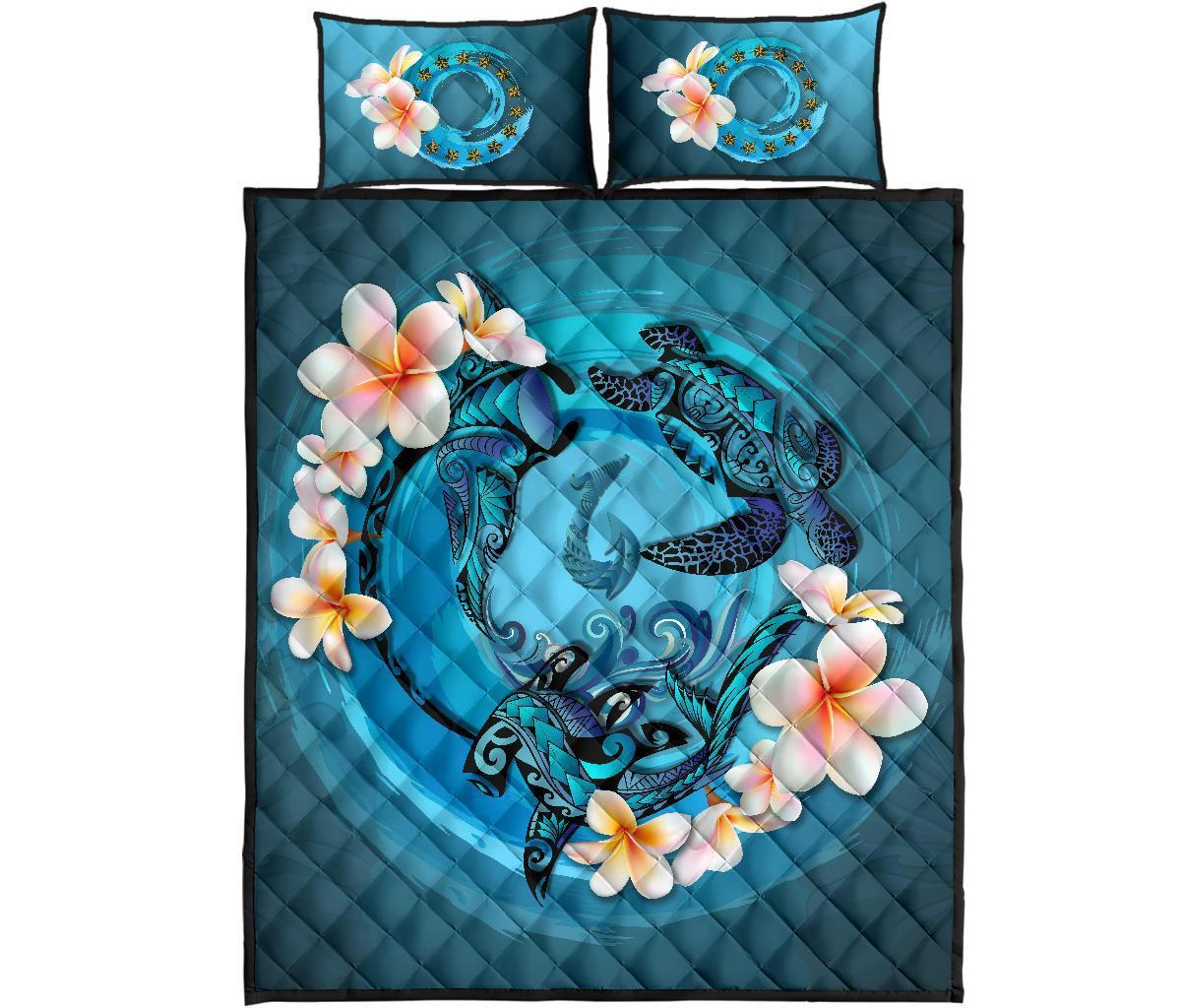 Cook Islands Polynesian Quilt Bed Set - Blue Plumeria Animal Tattoo - Polynesian Pride