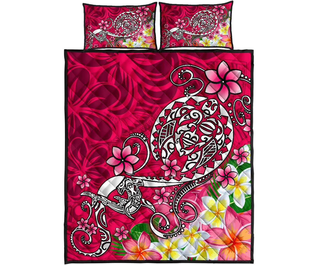 Polynesian Quilt Bed Set - Turtle Plumeria Pink Color - Polynesian Pride