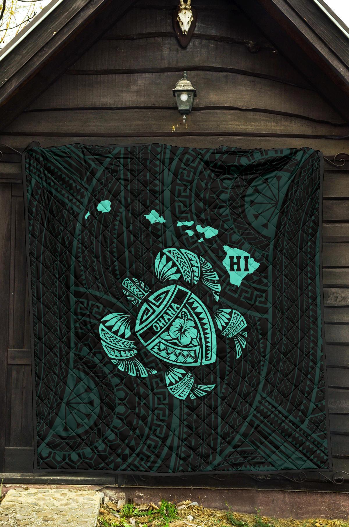 Hawaii Turtle Hibicus Map Premium Quilt - Turquoise - Polynesian Pride