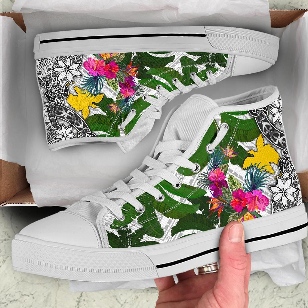Papua New Guinea High Top Shoes White - Turtle Plumeria Banana Leaf - Polynesian Pride