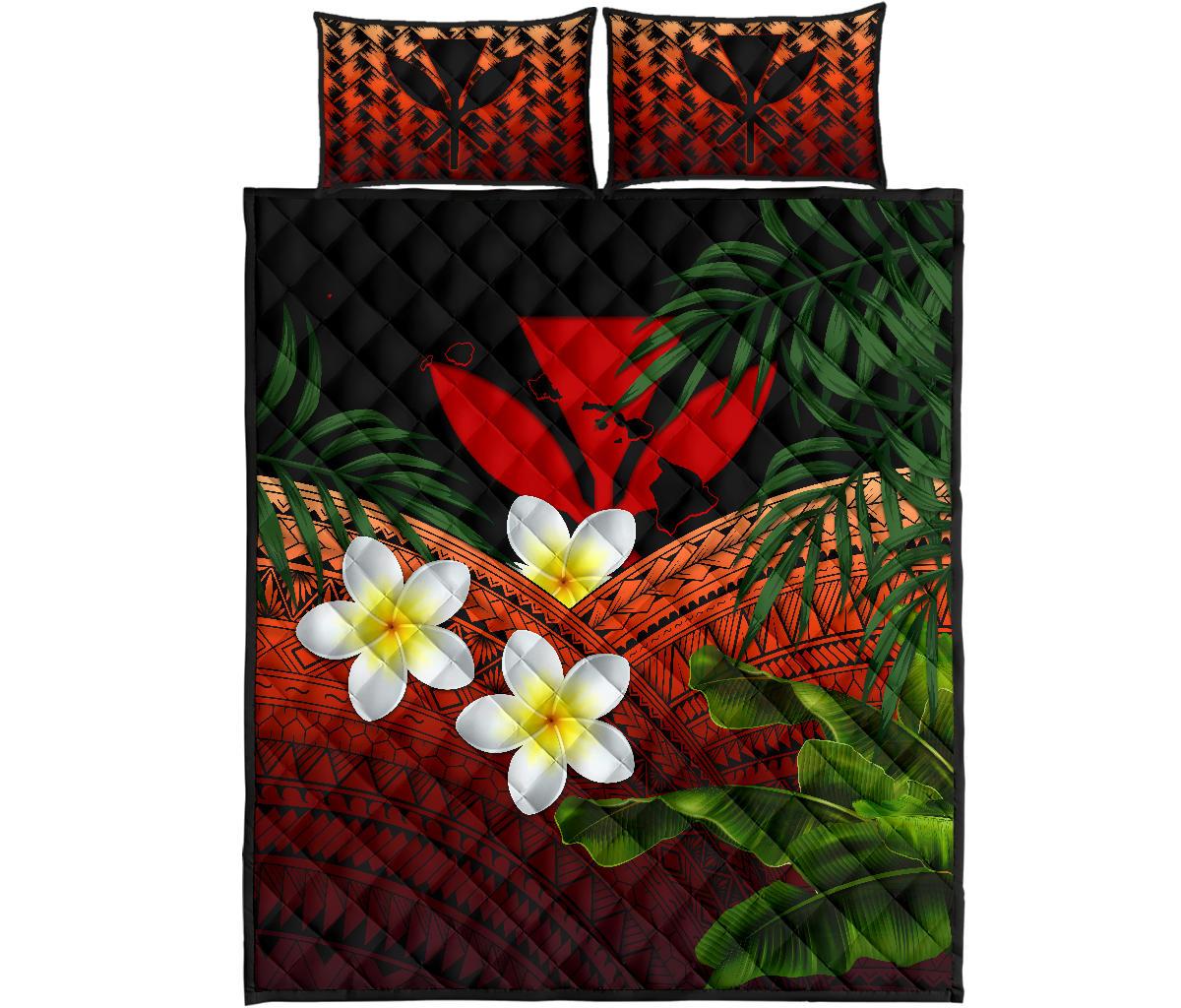 Kanaka Maoli (Hawaiian) Quilt Bed Set, Polynesian Plumeria Banana Leaves Red Red - Polynesian Pride