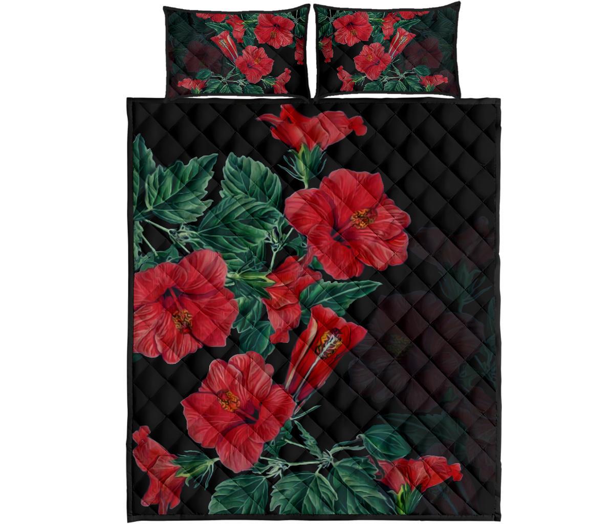 Hibiscus Red Flower Quilt Bed Set Black - Polynesian Pride