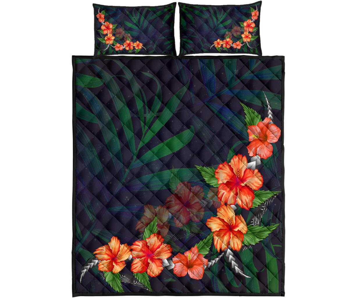Hibiscus Palm Background Quilt Bed Set Black - Polynesian Pride