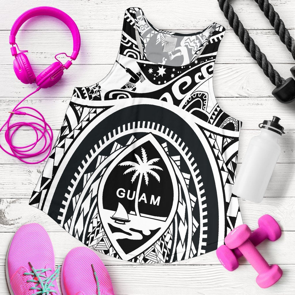 Polynesian Racerback Tanks - Guam Flag, Seal with Maui Moana Tattoo White - Polynesian Pride