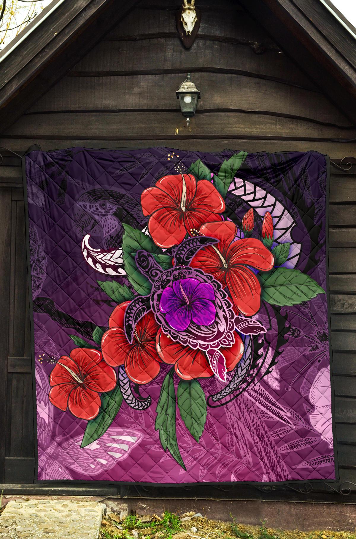 Polynesian Premium Quilt - Purple Hibiscus Turtle Flowing - Polynesian Pride