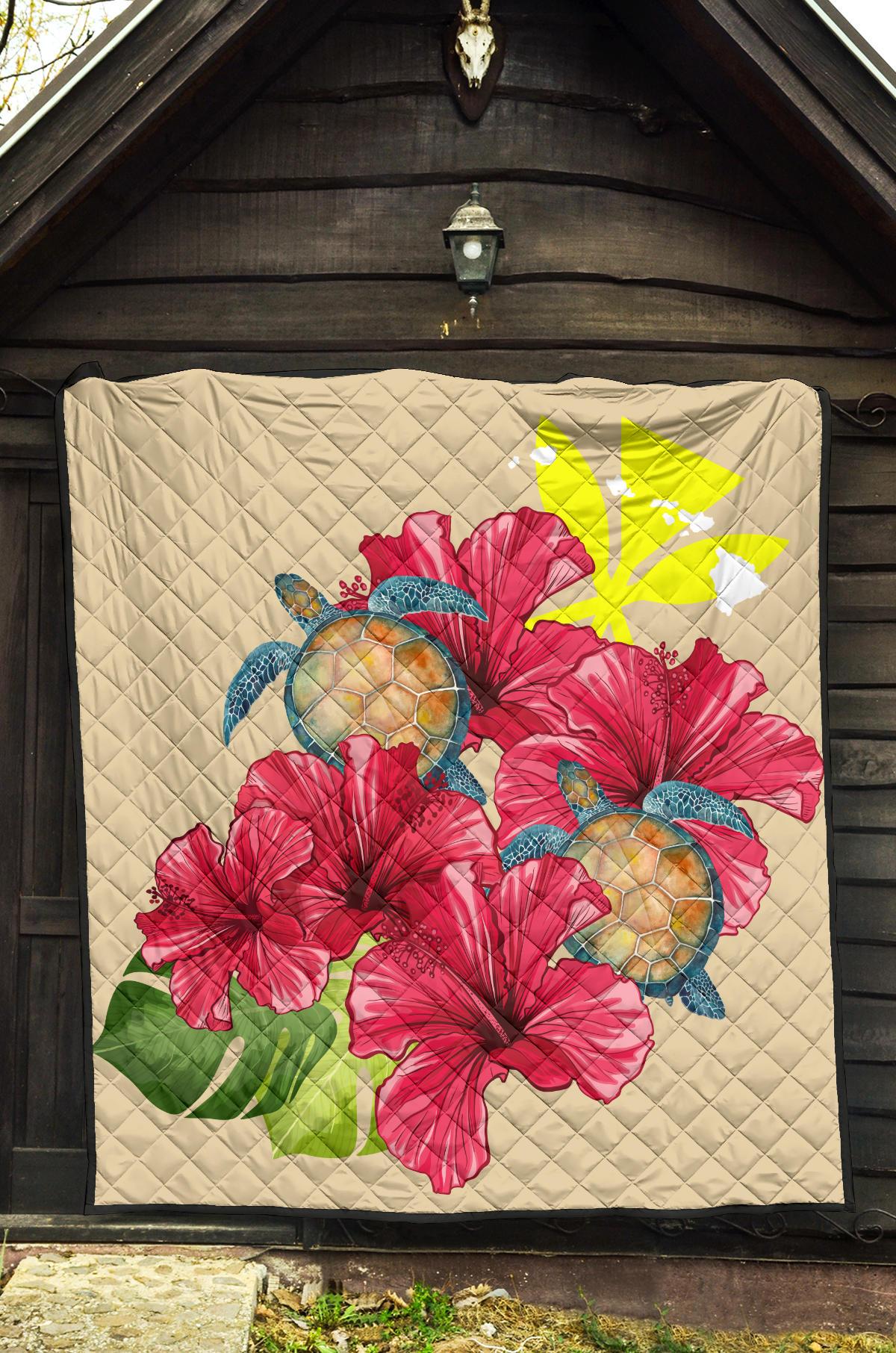 Hawaii Turtle Hibiscus Beige Simple Style - Premium Quilt AH - Polynesian Pride