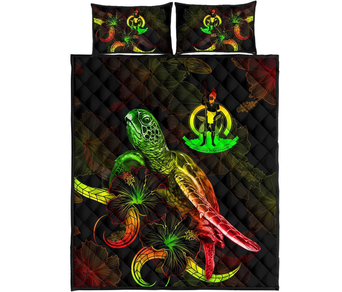 Vanuatu Polynesian Quilt Bed Set - Turtle With Blooming Hibiscus Reggae - Polynesian Pride