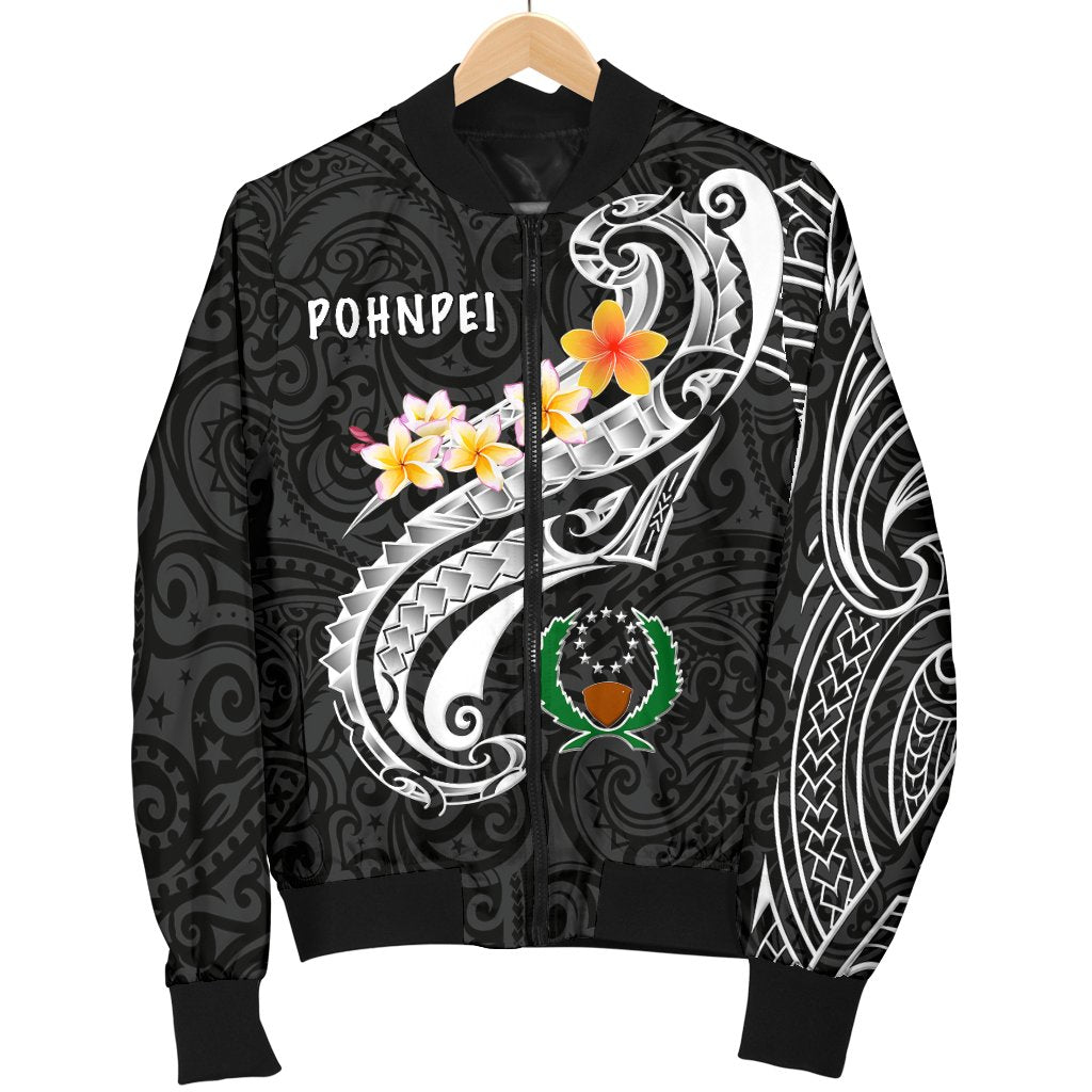 Pohnpei Men's Bomber Jacket - Pohnpei Seal Polynesian Patterns Plumeria (Black) - Polynesian Pride
