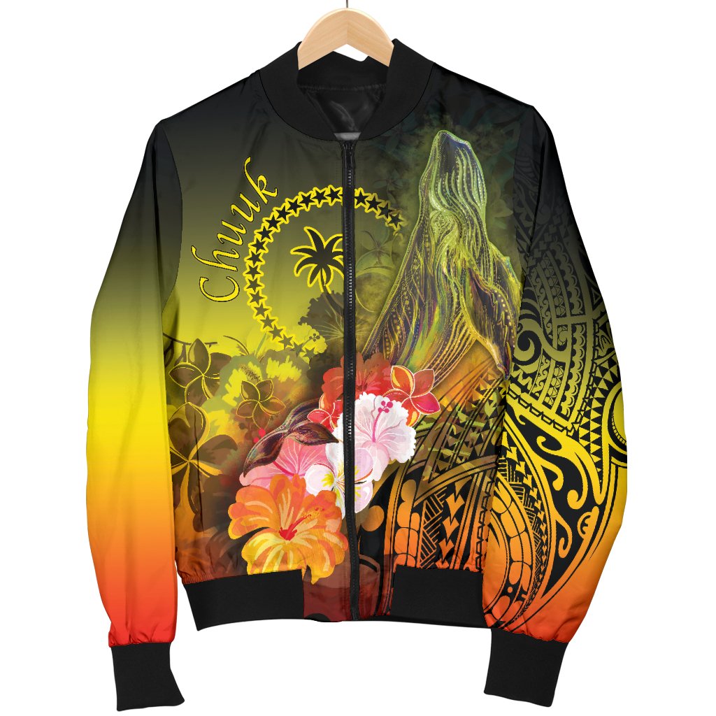 Chuuk Men's Bomber Jacket - Humpback Whale with Tropical Flowers (Yellow) - Polynesian Pride