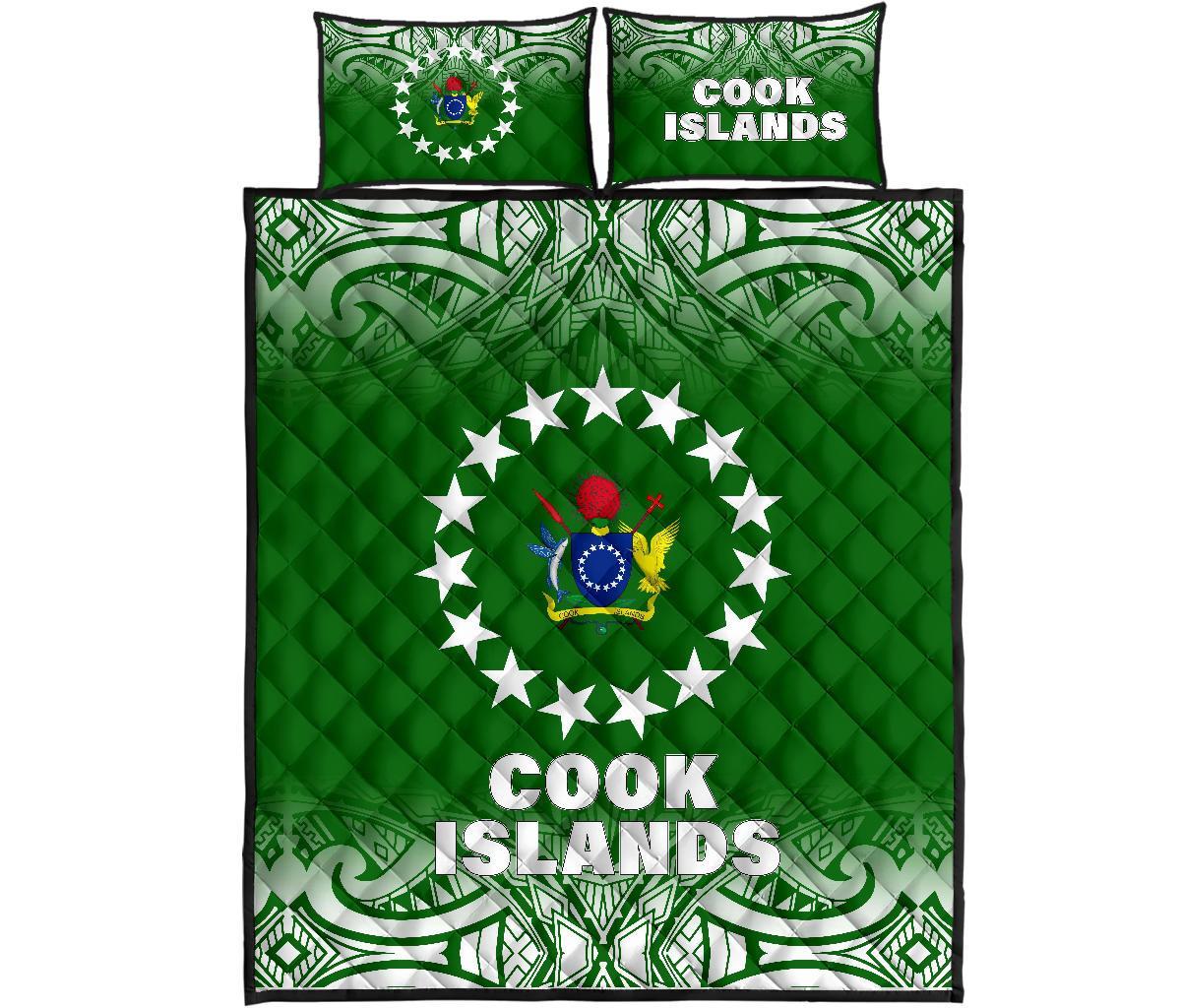Cook Islands Quilt Bed Set - Cook Islands Flag Coat Of Arms Polynesian Tattoo Green Fog Style Green - Polynesian Pride