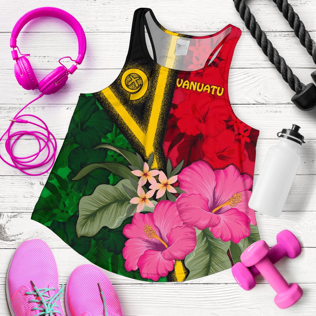 Vanuatu Women's Racerback Tank - Vanuatu Flag with Hibiscus Red - Polynesian Pride