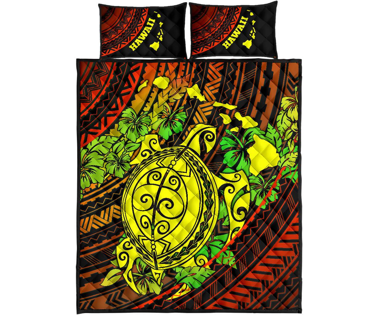 Hawaii Polynesian Quilt Bed Set - Hawaii Yellow Sea Turtle Map & Green Hibiscus - Polynesian Pride
