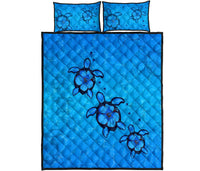 Turtle Hibiscus Swim In Sea Quilt Bed Set Blue - Polynesian Pride