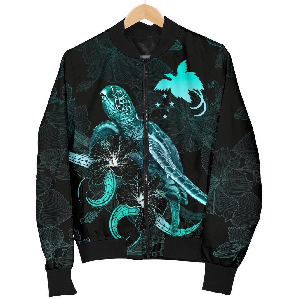 Papua New Guinea Polynesian Men's Bomber Jacket - Turtle With Blooming Hibiscus Turquoise - Polynesian Pride