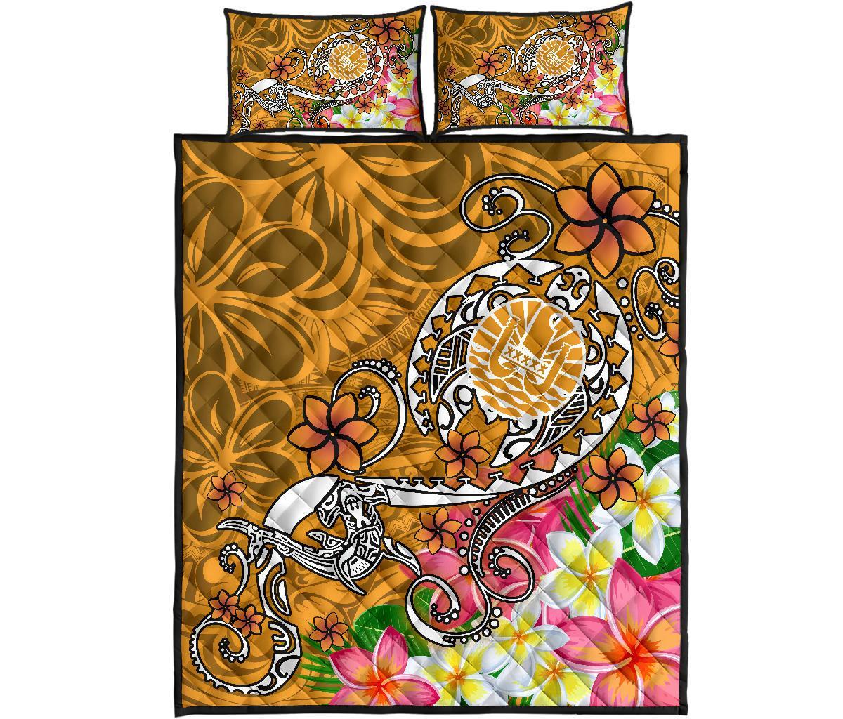 Tahiti Quilt Bed Set - Turtle Plumeria (Gold) - Polynesian Pride