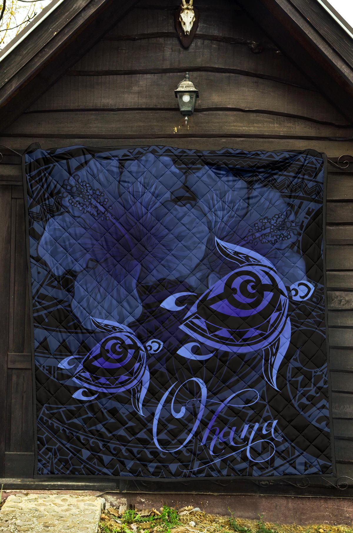 Hawaii Turtle Ohana Hibiscus Poly Premium Quilt Blue - Polynesian Pride