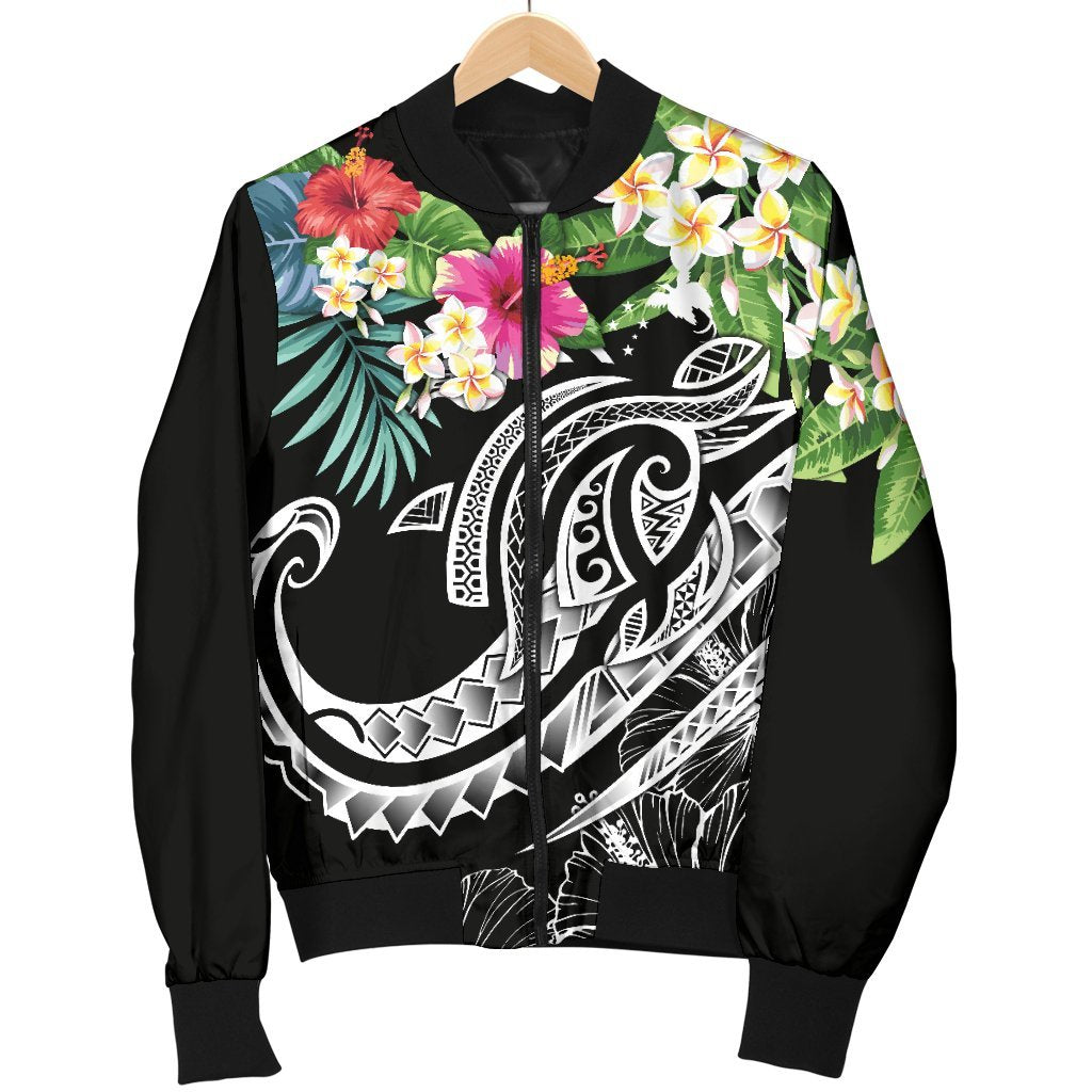 Papua New Guinea Polynesian Men's Bomber Jacket - Summer Plumeria (Black) - Polynesian Pride