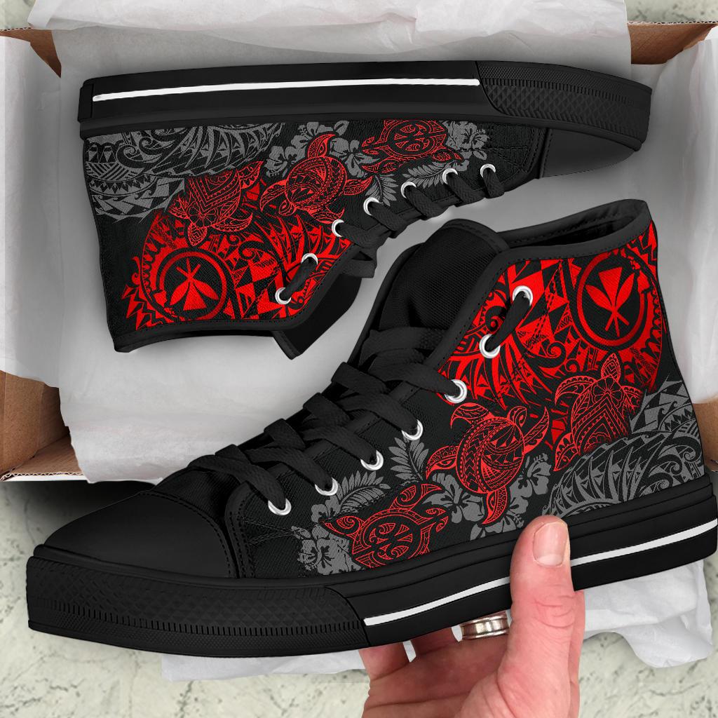 Polynesian Hawaii (Kanaka Maoli) High Top Shoes - Red Hibiscus Turtle Flowing - Polynesian Pride