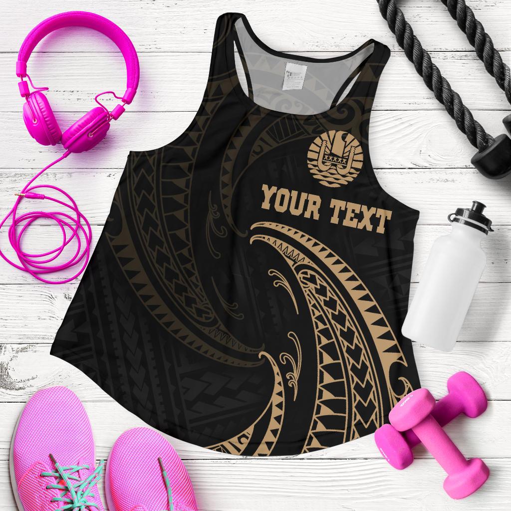 Tahiti Polynesian Custom Personalised Women's Racerback Tank - Gold Tribal Wave Black - Polynesian Pride