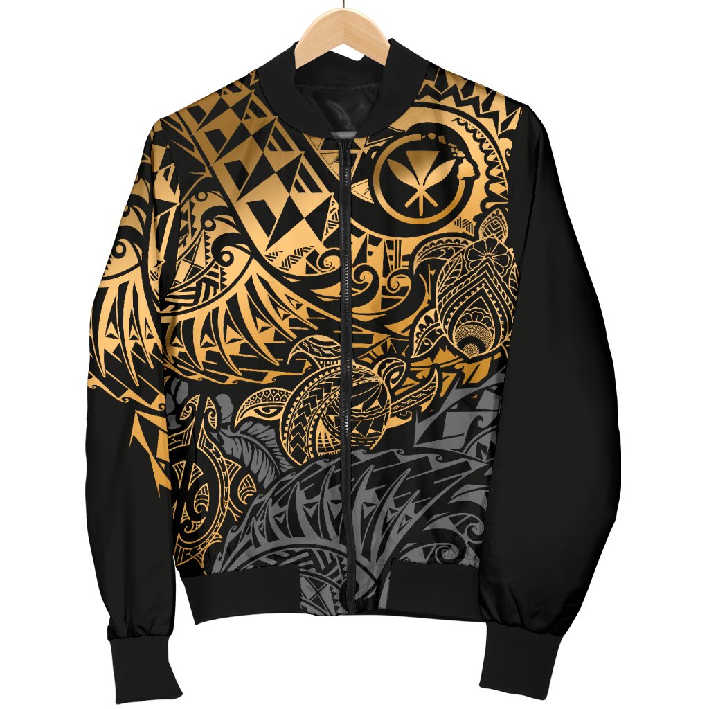 Polynesian Hawaii (Kanaka Maoli) Men Bomber Jacket - Gold Hibiscus Turtle Flowing - Polynesian Pride