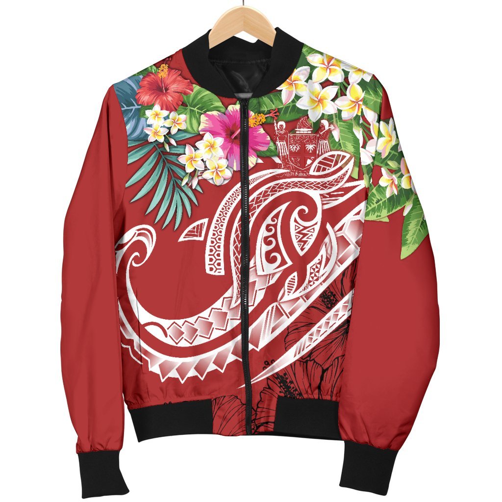 Fiji Polynesian Men's Bomber Jacket - Summer Plumeria (Red) - Polynesian Pride