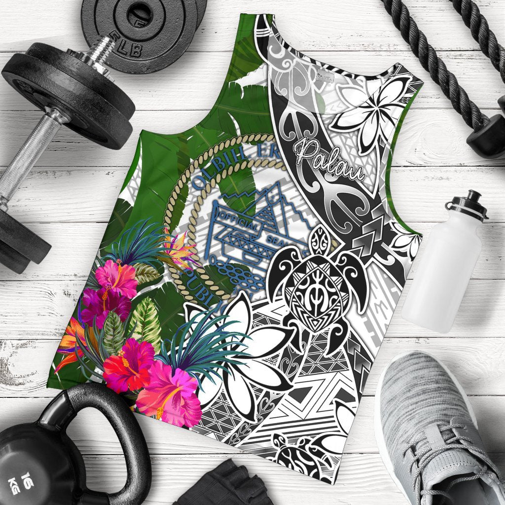 Palau Men's Tank Top White - Turtle Plumeria Banana Leaf Crest White - Polynesian Pride