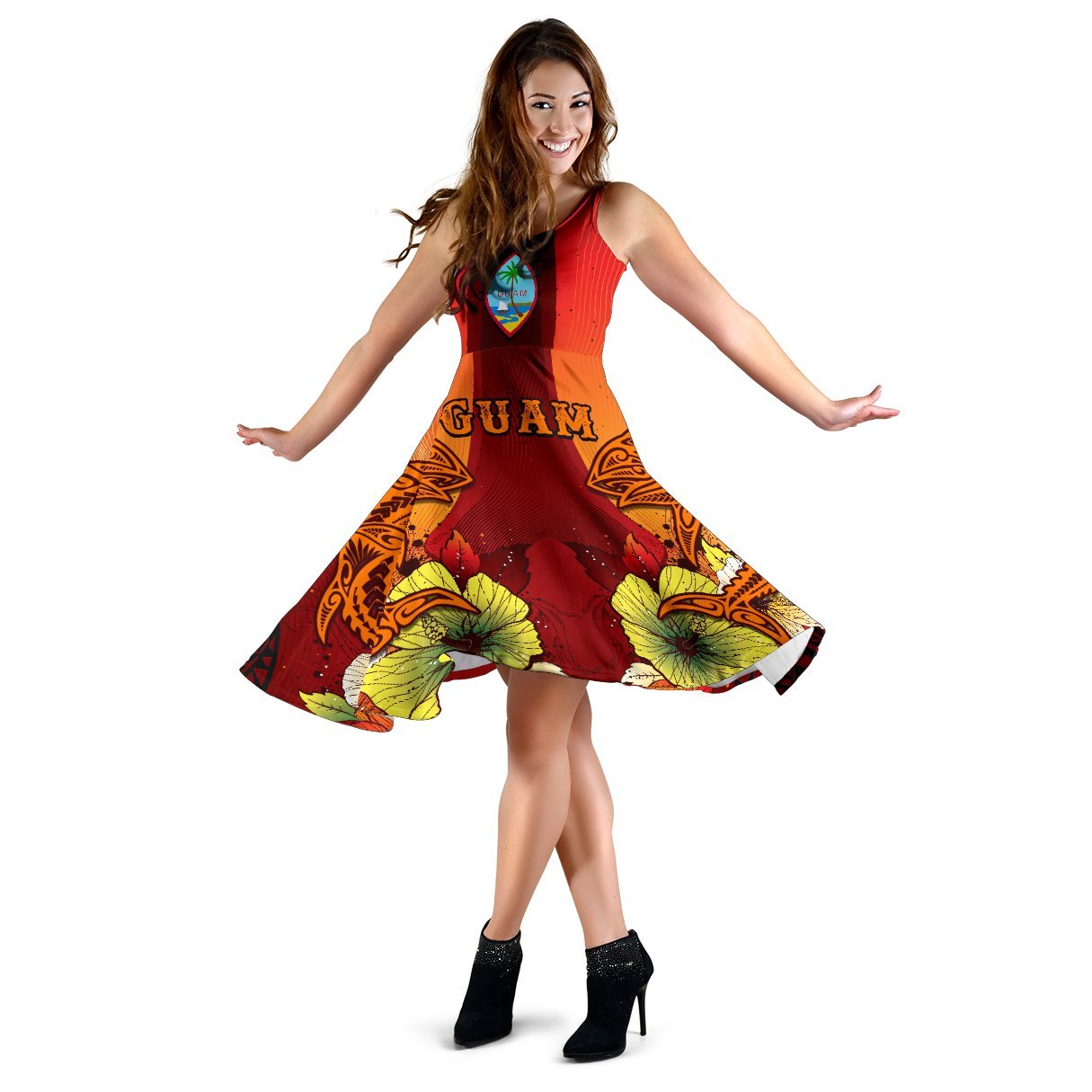 Guam Women's Dress - Tribal Tuna Fish Women Orange - Polynesian Pride