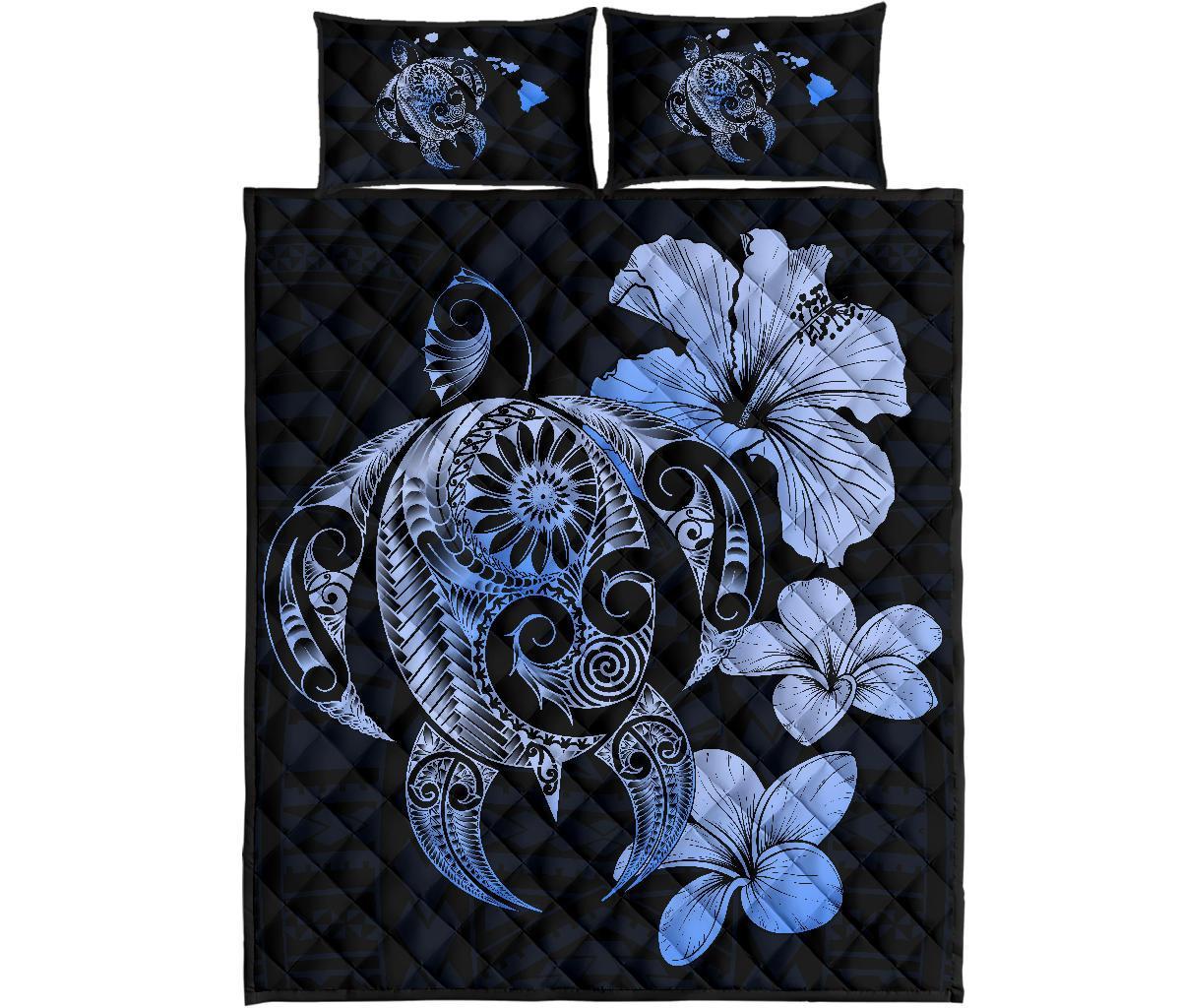 Hibiscus Plumeria Mix Polynesian Blue Turtle Quilt Bed Set - Polynesian Pride