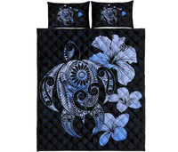 Hibiscus Plumeria Mix Polynesian Blue Turtle Quilt Bed Set - Polynesian Pride